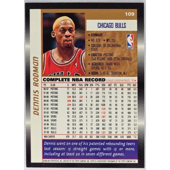 1998-99 Topps NBA Basketball #109 Dennis Rodman Chicago Bulls - Picture 2 of 4